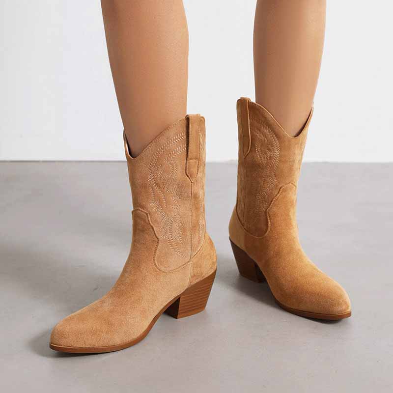 Stylish mid-calf western boots chunky heel in tan suede for a fashionable look