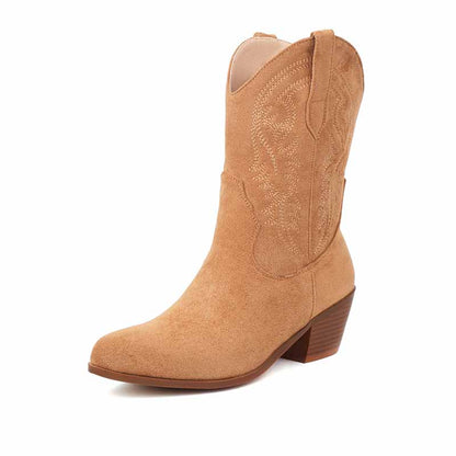 Tan mid-calf western boots chunky heel with stylish embroidery for a trendy look