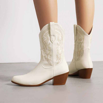 White mid-calf western boots chunky heel with stylish embroidery detail for a trendy look