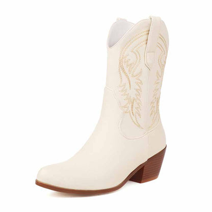 Elegant white mid-calf western boots chunky heel with embroidered detailing for stylish casual wear