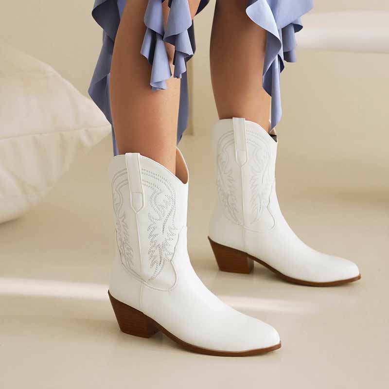 Stylish white mid-calf western boots chunky heel with intricate embroidery for a fashionable look