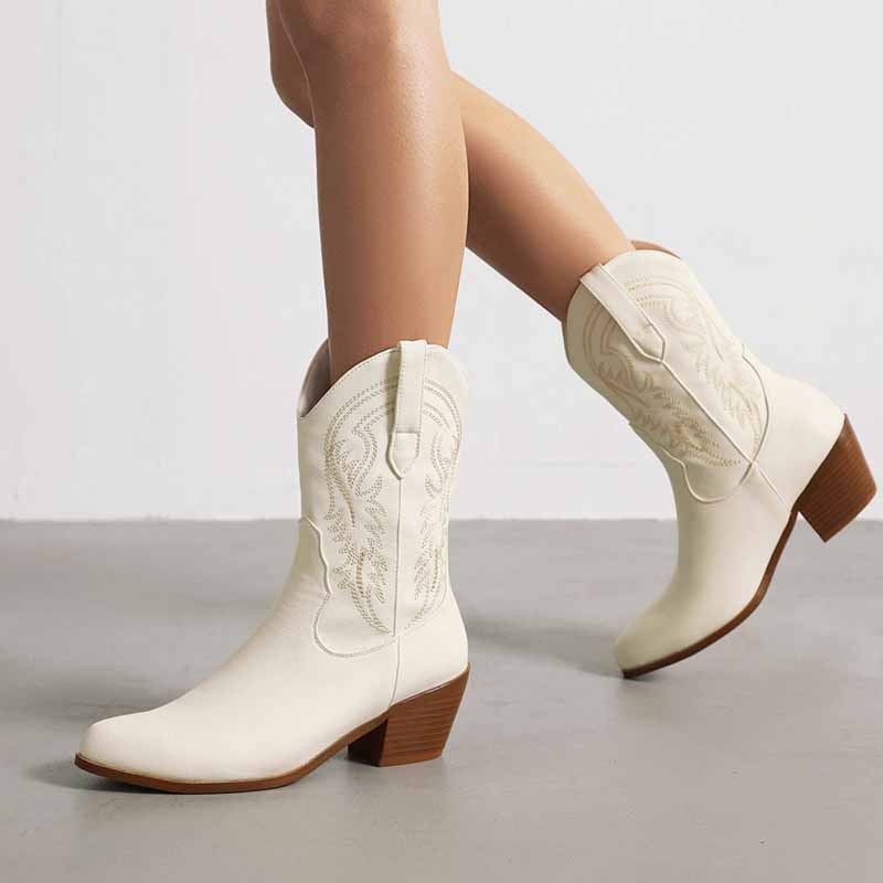 White mid-calf western boots chunky heel with intricate stitching for a stylish look
