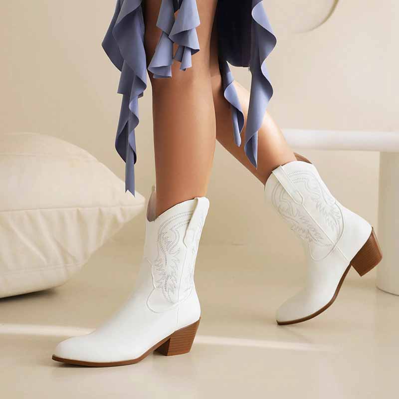 Elegant white mid-calf western boots chunky heel with stylish design, perfect for trendy outfits
