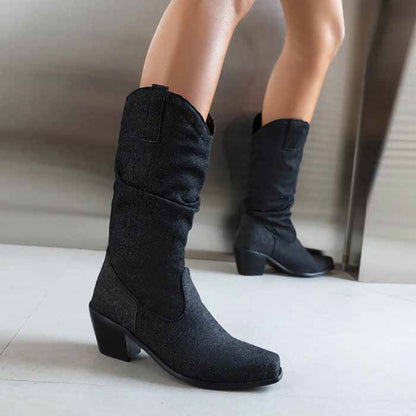 Women's mid-calf trendy boots denim chunky heel boots