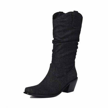 Women's mid-calf trendy boots denim chunky heel boots