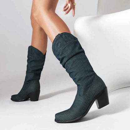 Women's mid-calf trendy boots denim chunky heel boots