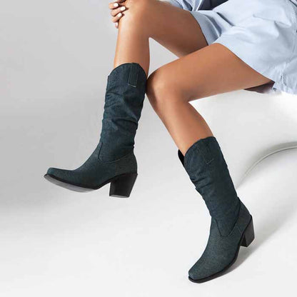 Women's mid-calf trendy boots denim chunky heel boots