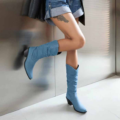 Women's mid-calf trendy boots denim chunky heel boots