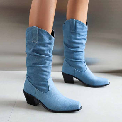 Women's mid-calf trendy boots denim chunky heel boots