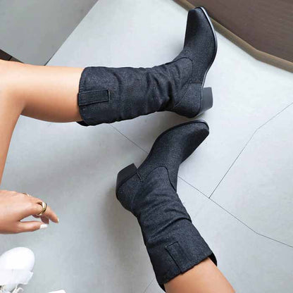 Women's mid-calf trendy boots denim chunky heel boots