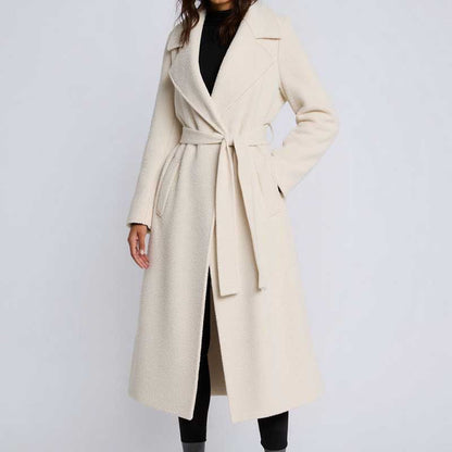Elegant mid-length wool coat stylish comfort in cream color with a tie belt for a chic look