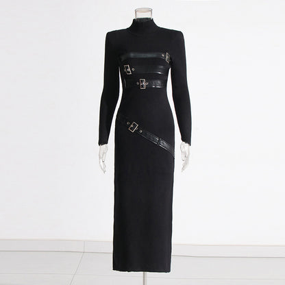 Women's Black Long Sleeves Standard Collar Midi Dress With Buckle Detail