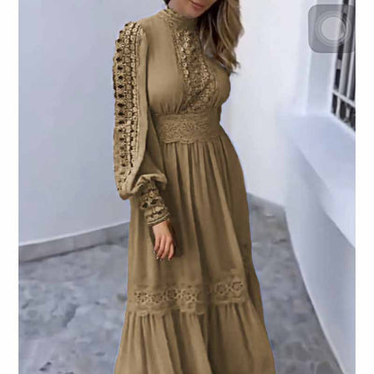 White Maxi Dress Standard Collar Lace Lantern Sleeved Long Dress