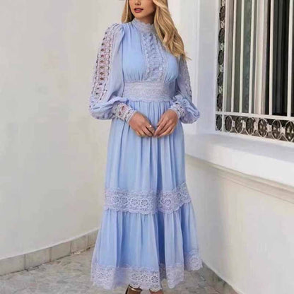 White Maxi Dress Standard Collar Lace Lantern Sleeved Long Dress