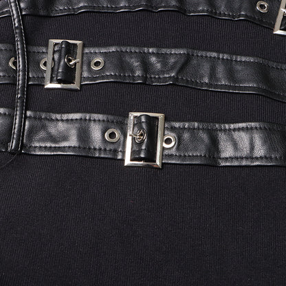 Women's Black Long Sleeves Standard Collar Midi Dress With Buckle Detail