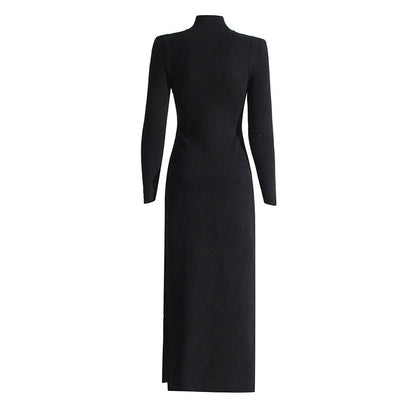 Women's Black Long Sleeves Standard Collar Midi Dress With Buckle Detail