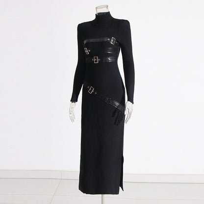 Women's Black Long Sleeves Standard Collar Midi Dress With Buckle Detail