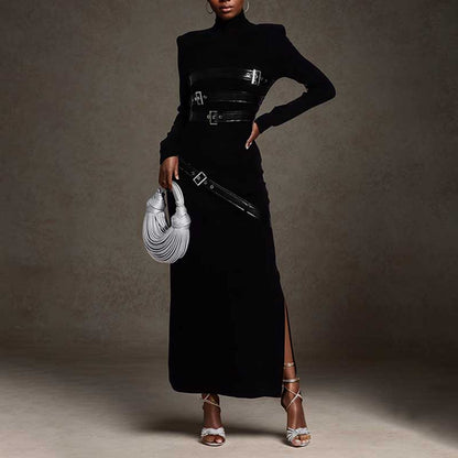 Women's Black Long Sleeves Standard Collar Midi Dress With Buckle Detail