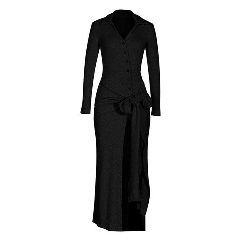 Collar Long Sleeve Knit Dress with Bow Detail – Knitted Dress for Fall & Winter