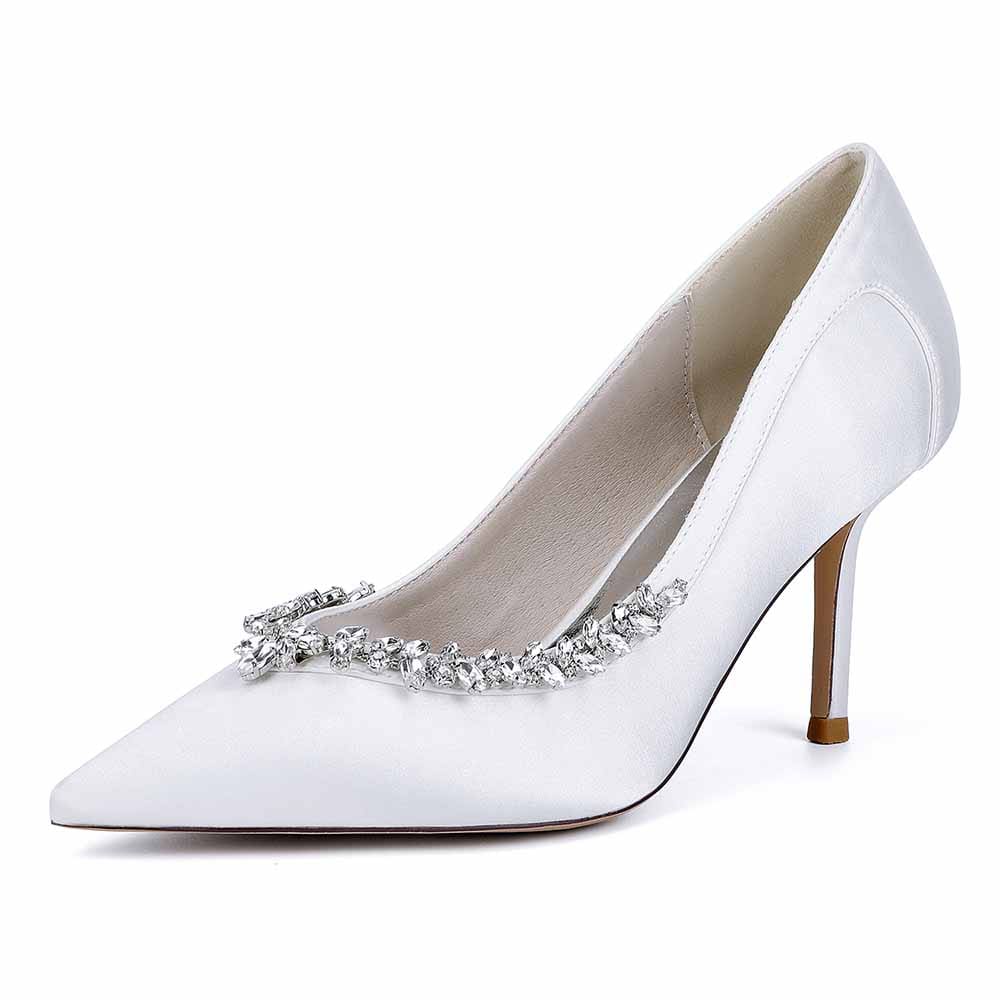 3.35" Closed Toe Wedding Shoes Satin Crystal Beaded Detail Bridal Heels