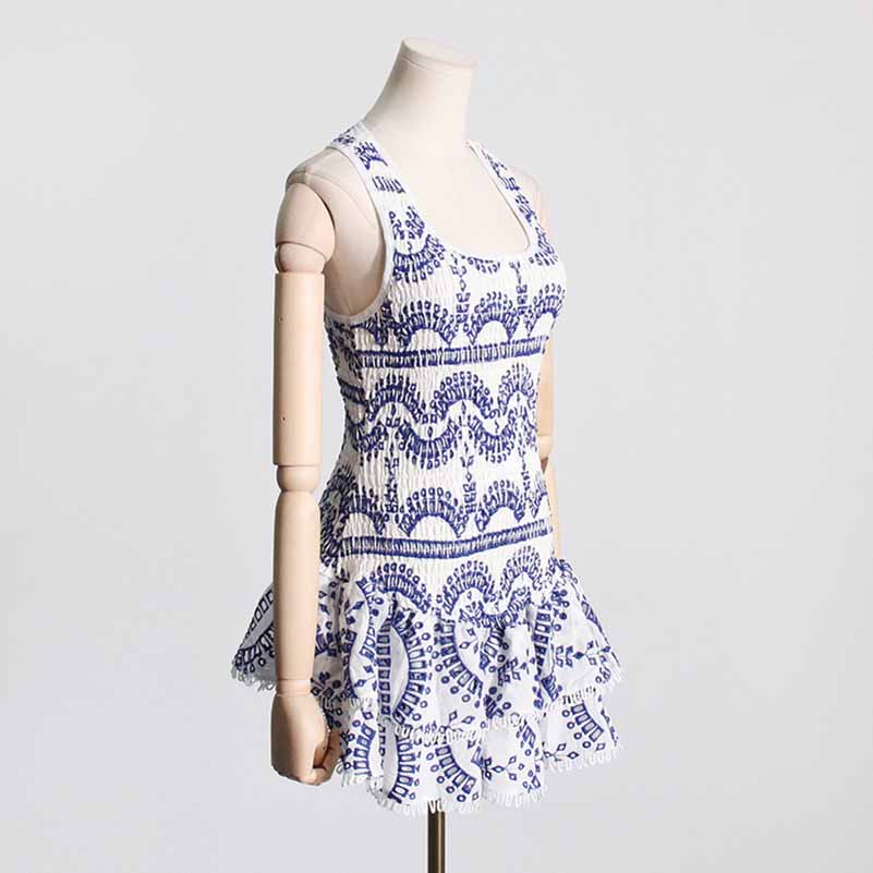 Embroidered Ruffled Floral Mini Dress Square Neck Short Dress