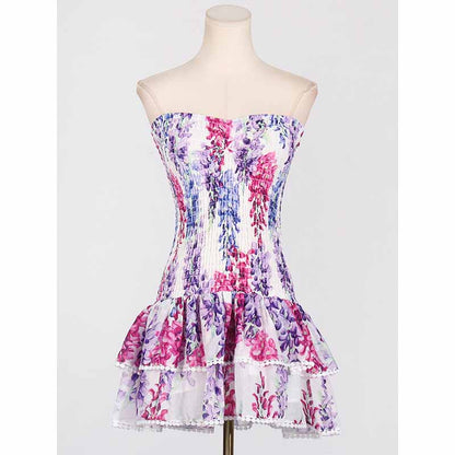 Embroidered Ruffled Floral Mini Dress Strapless Short Dress