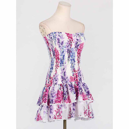Embroidered Ruffled Floral Mini Dress Strapless Short Dress