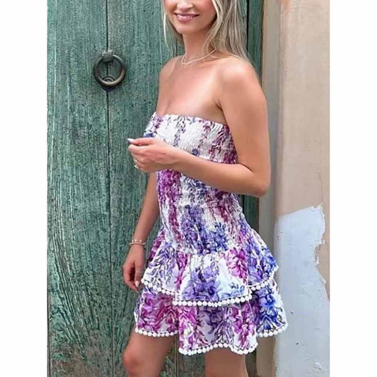Embroidered Ruffled Floral Mini Dress Strapless Short Dress