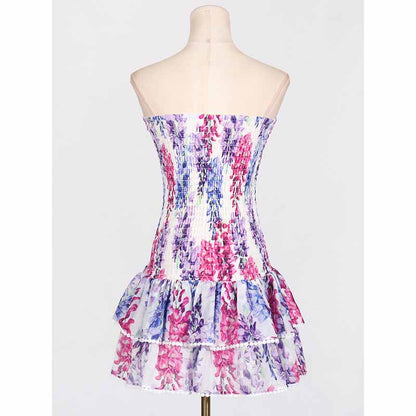 Embroidered Ruffled Floral Mini Dress Strapless Short Dress