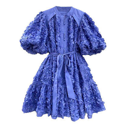 Puff Sleeve Flower Embellished Lace-Up Mini Dress