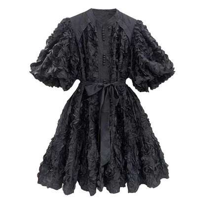 Puff Sleeve Flower Embellished Lace-Up Mini Dress