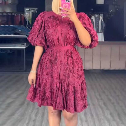 Puff Sleeve Flower Embellished Lace-Up Mini Dress