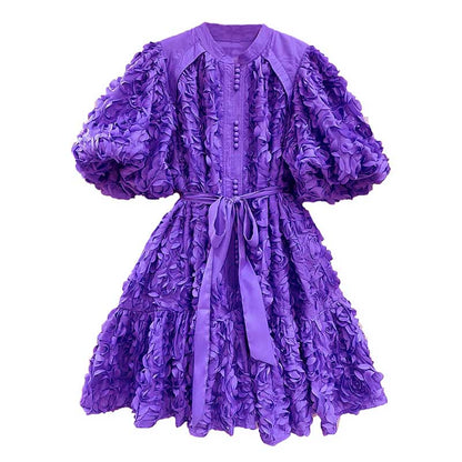 Puff Sleeve Flower Embellished Lace-Up Mini Dress