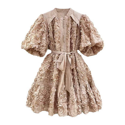 Puff Sleeve Flower Embellished Lace-Up Mini Dress