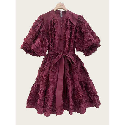 Puff Sleeve Flower Embellished Lace-Up Mini Dress