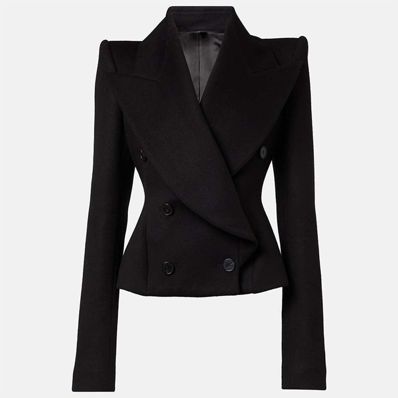 Sd-hk minimalist double-breasted wool coat in black with tailored fit and stylish design