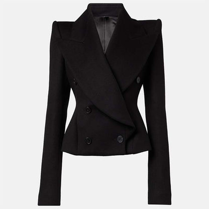 Sd-hk minimalist double-breasted wool coat in black with tailored fit and stylish design