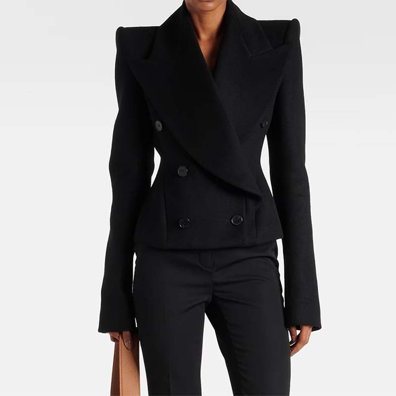 SD-HK Minimalist Double-Breasted Wool Coat in Black with Structured Shoulders for Stylish Outfits