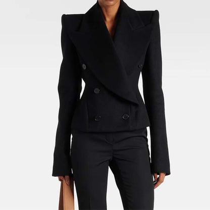 SD-HK Minimalist Double-Breasted Wool Coat in Black with Structured Shoulders for Stylish Outfits