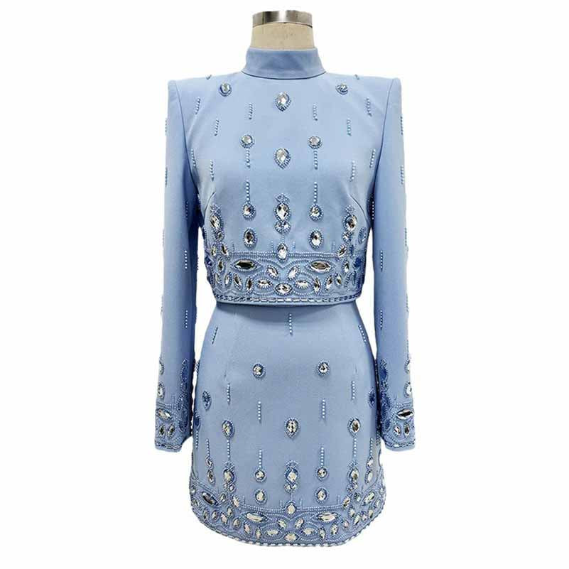 Women's Skirt Suit Fitted Beaded Short Crop Top + Mini Skirt Suit