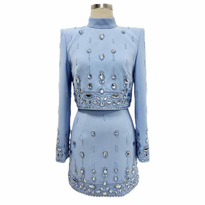 Women's Skirt Suit Fitted Beaded Short Crop Top + Mini Skirt Suit