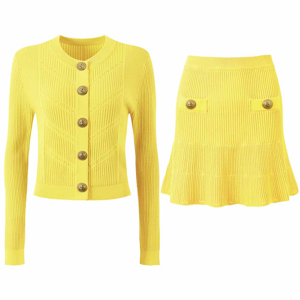 Women Knitted Mini Skirt Suit Button Embellished Two Pieces Set