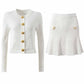 Women Knitted Mini Skirt Suit Button Embellished Two Pieces Set