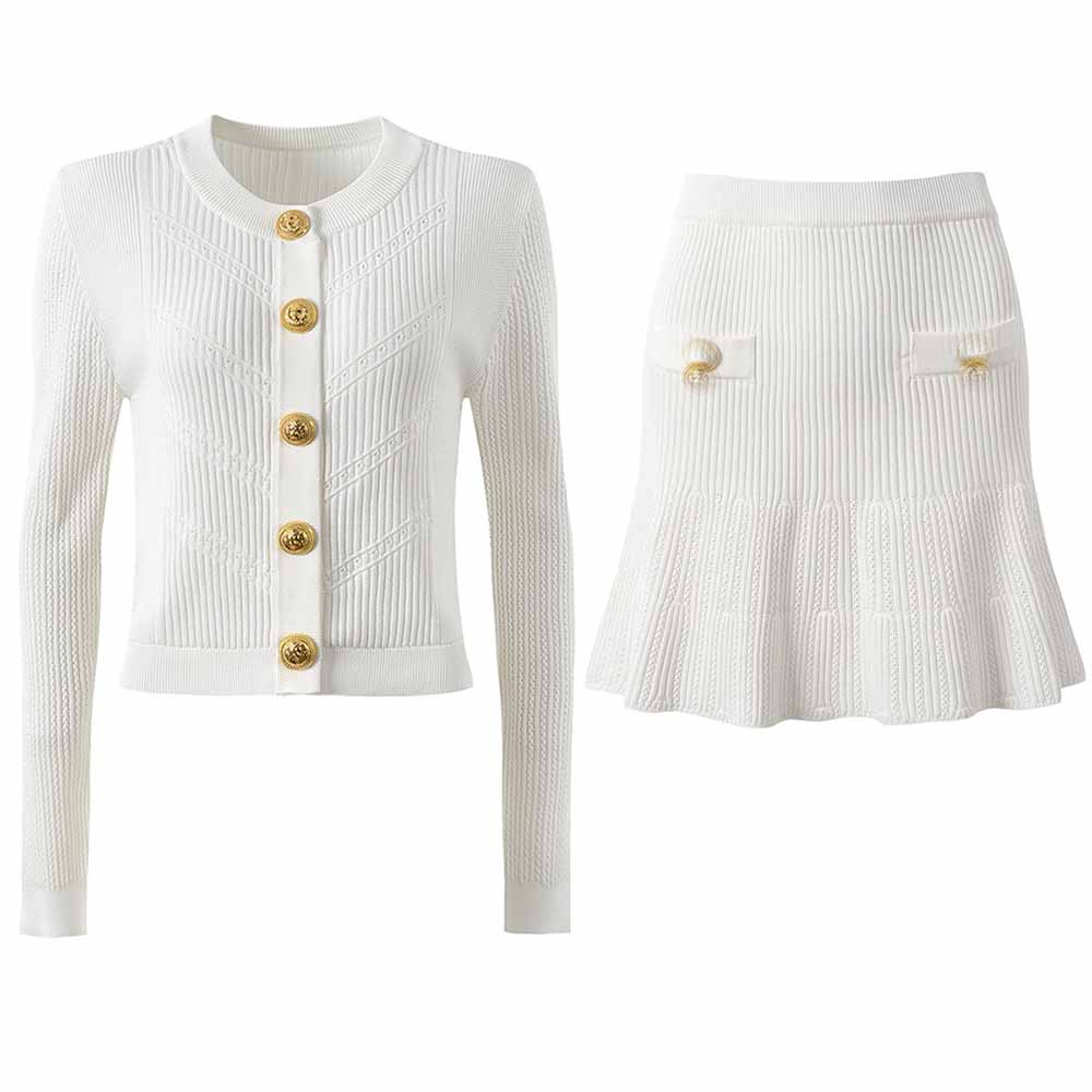 Women Knitted Mini Skirt Suit Button Embellished Two Pieces Set