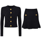 Women Knitted Mini Skirt Suit Button Embellished Two Pieces Set