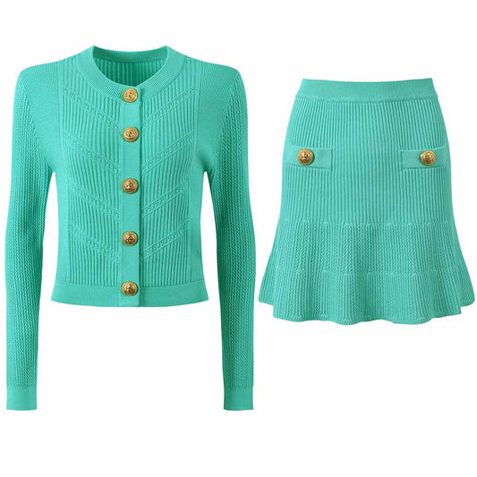 Women Knitted Mini Skirt Suit Button Embellished Two Pieces Set