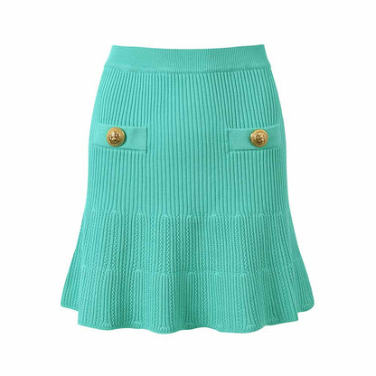 Women Knitted Mini Skirt Suit Button Embellished Two Pieces Set