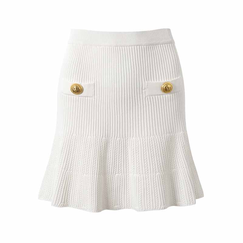 Women Knitted Mini Skirt Suit Button Embellished Two Pieces Set