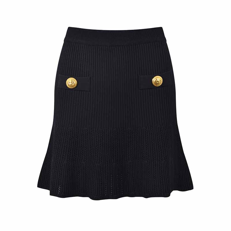 Women Knitted Mini Skirt Suit Button Embellished Two Pieces Set