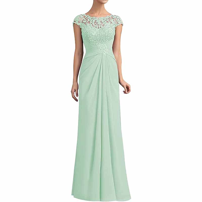 Elegant mint green mother of the bride lace chiffon dress with cap sleeves and intricate detailing